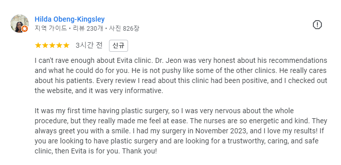 Google review from a first-time plastic surgery patient at Evita Clinic