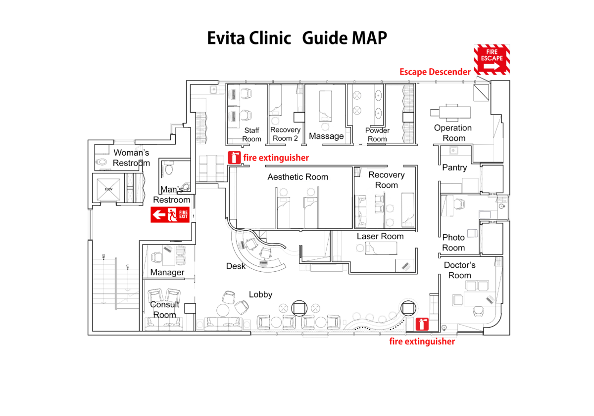Evita Clinic floor and emergency evacuation map showing exits, alarms, and fire extinguishers