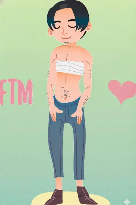 FTM_TOP_01 Illustration of an FTM transgender man with short hair, wearing chest binding and pants, representing gender transition and self-identity.