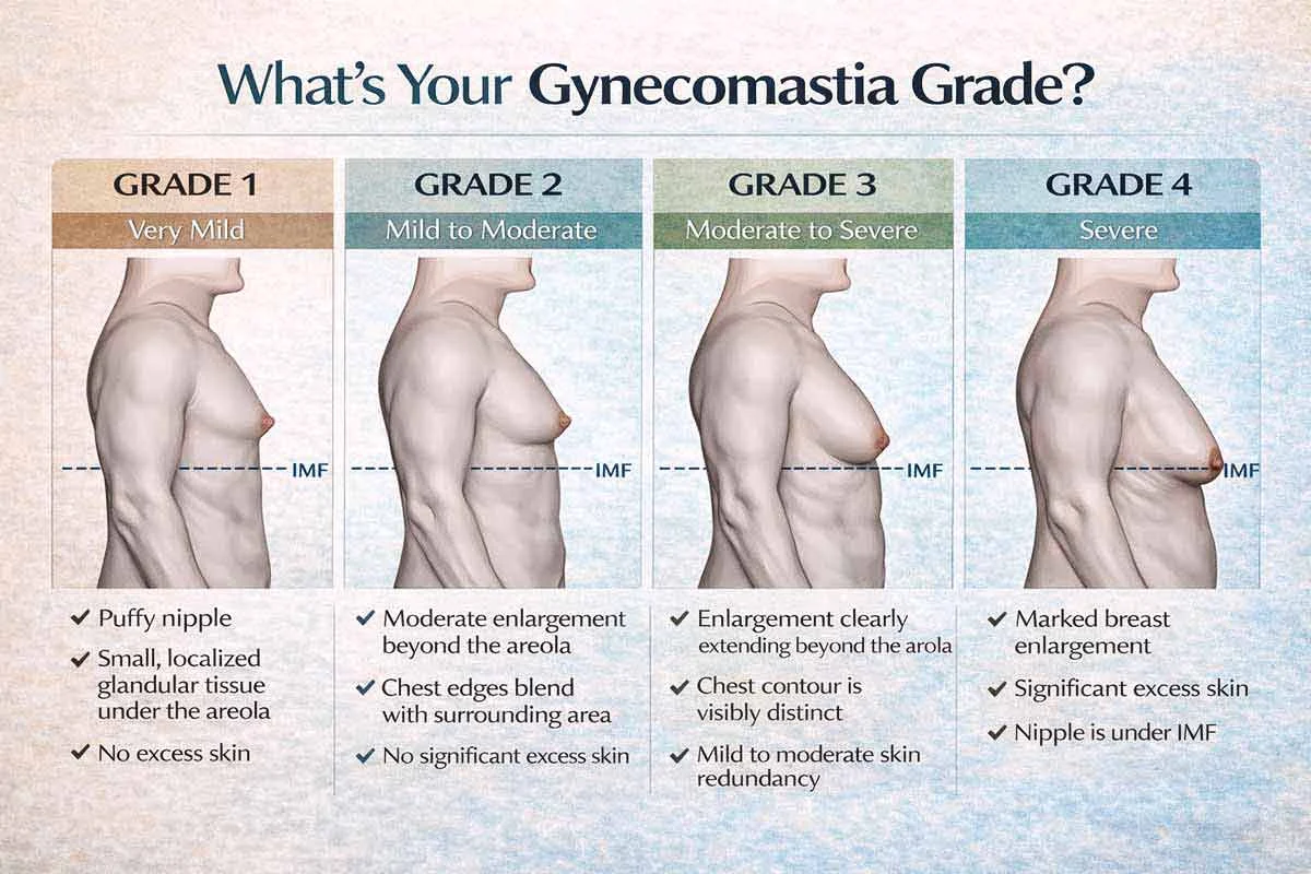 Gynecomastia grades 1 to 4 comparison chart showing chest enlargement severity, areola projection, skin excess, and nipple position relative to the inframammary fold (IMF)