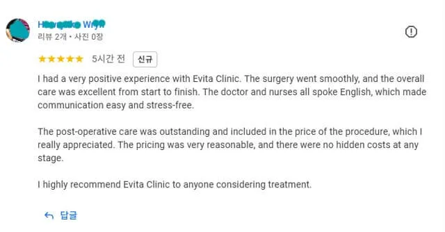 Google 5-star review for Evita Clinic highlighting smooth surgery, English-speaking staff, and transparent pricing