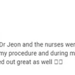 Google review screenshot from an international patient after thigh liposuction at Evita Clinic, praising Dr. Jeon and the nurses for attentive care, smooth recovery support, and satisfying results with a 5-star rating.