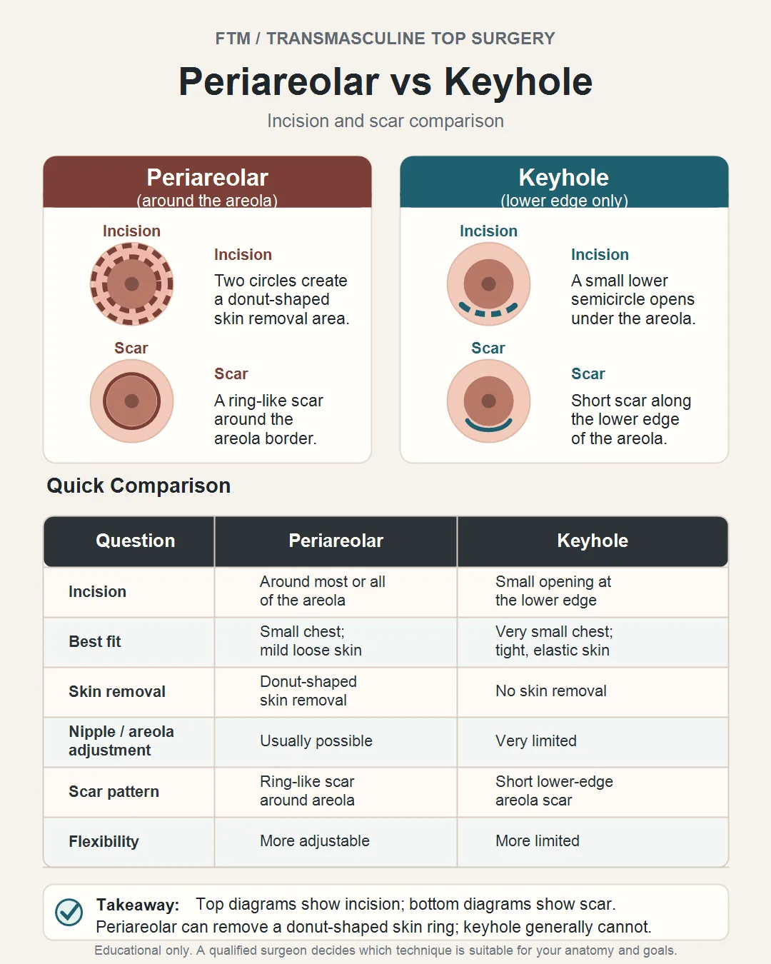 top_surgery_periareolar_vs_keyhole Periareolar vs Keyhole FTM top surgery comparison showing incision location, scar pattern, skin removal capability, nipple adjustment options, and ideal candidate characteristics for minimal-scar chest masculinization surgery.