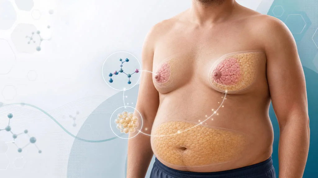 01-hero-obesity-gynecomastia-hormonal-link Medical illustration of obesity, aromatase activity, and male gynecomastia