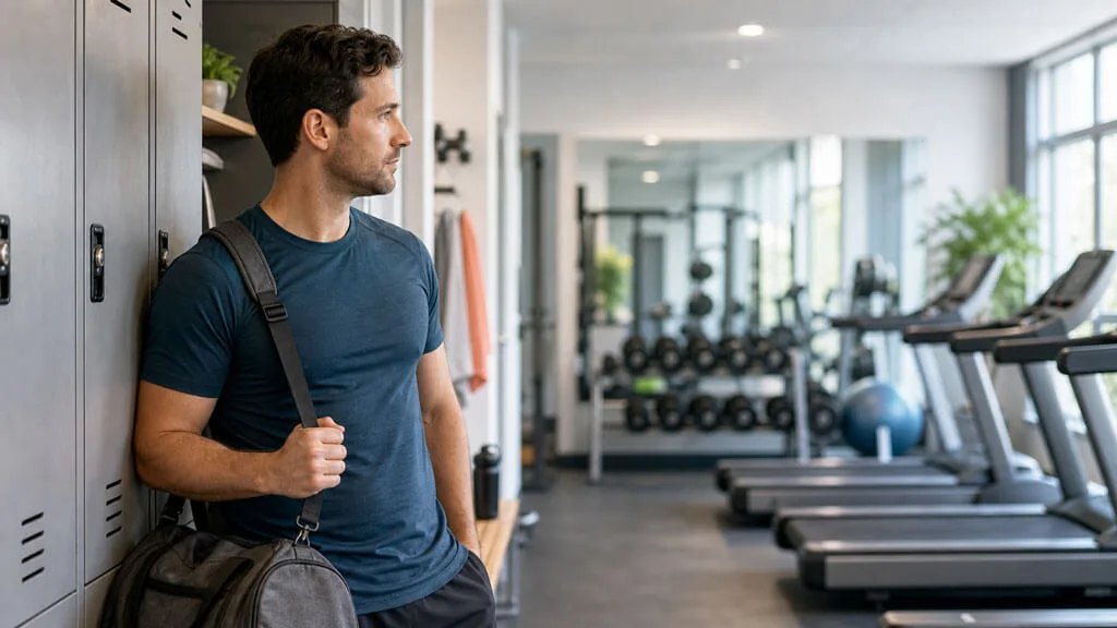07-body-confidence-exercise-avoidance Man with chest contour concerns hesitating before exercise at the gym