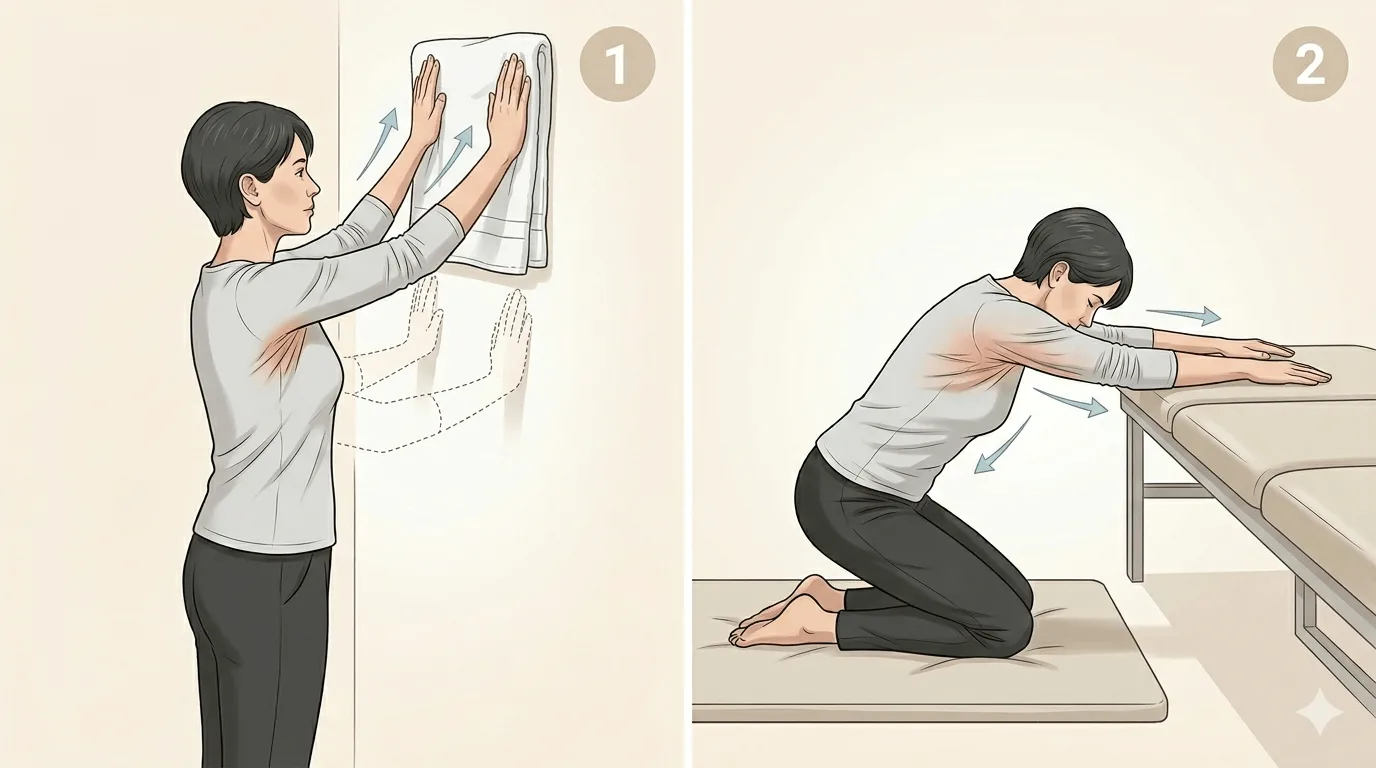 Arm stretching exercises after arm liposuction surgery including wall stretch and table stretch to improve mobility and reduce postoperative tightness.