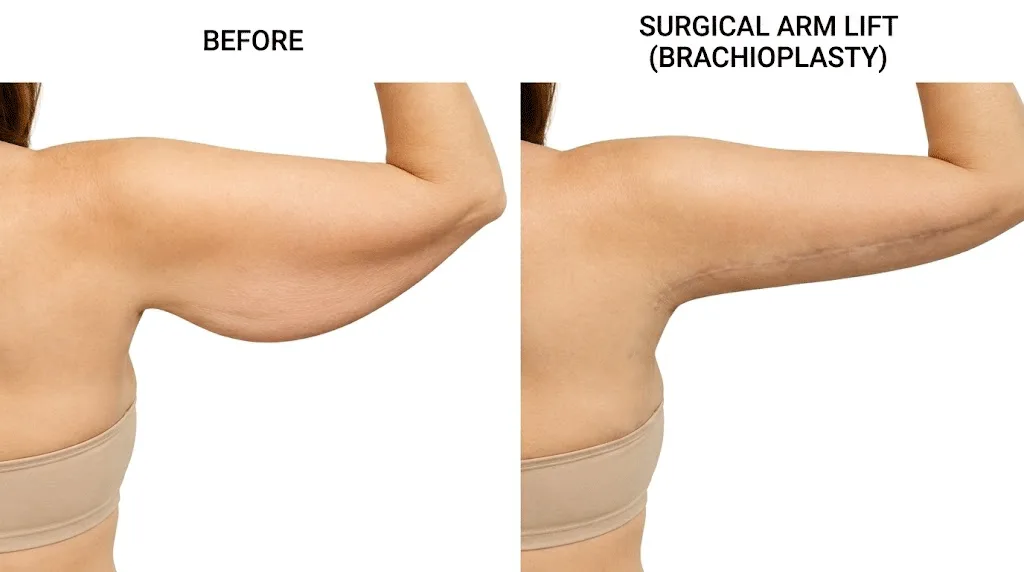 Brachioplasty_Scar Brachioplasty before and after results showing surgical arm lift with improved upper arm contour and well-concealed inner arm scar.