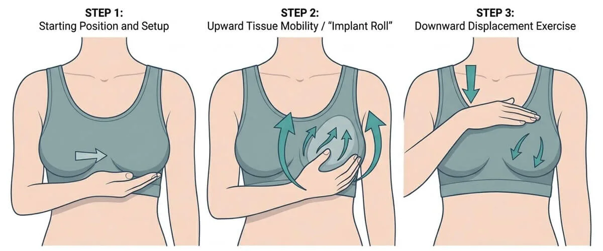 Breast augmentation recovery exercise showing upward implant mobility and downward displacement massage performed after surgery.