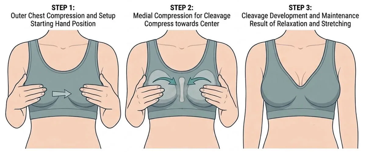 Breast augmentation recovery exercise demonstrating gentle inward implant mobility and medial displacement massage.