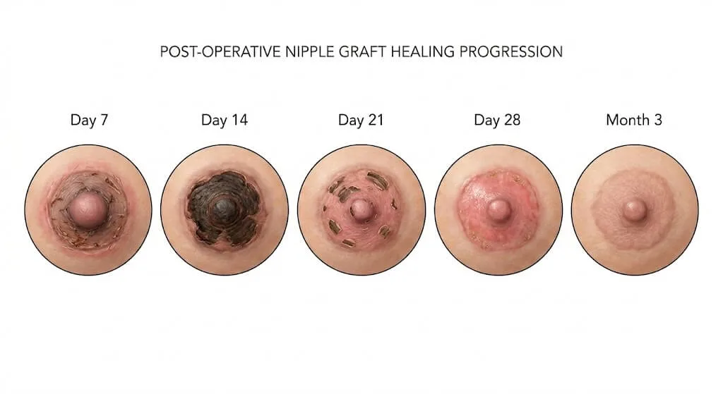 Illustration showing the typical nipple graft healing timeline after FTM top surgery from Day 7 through Month 3, including crusting, circulation recovery, and scar maturation.