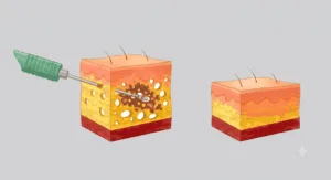 liposuction-cannula-fat-removal-procedure Cross-sectional illustration showing how a liposuction cannula creates multiple small tunnels within the fat layer.