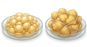 subcutaneous-fat-vs-fibrous-fat-cellulite Illustration comparing soft subcutaneous fat with dense fibrous fat affected by connective tissue and cellulite.