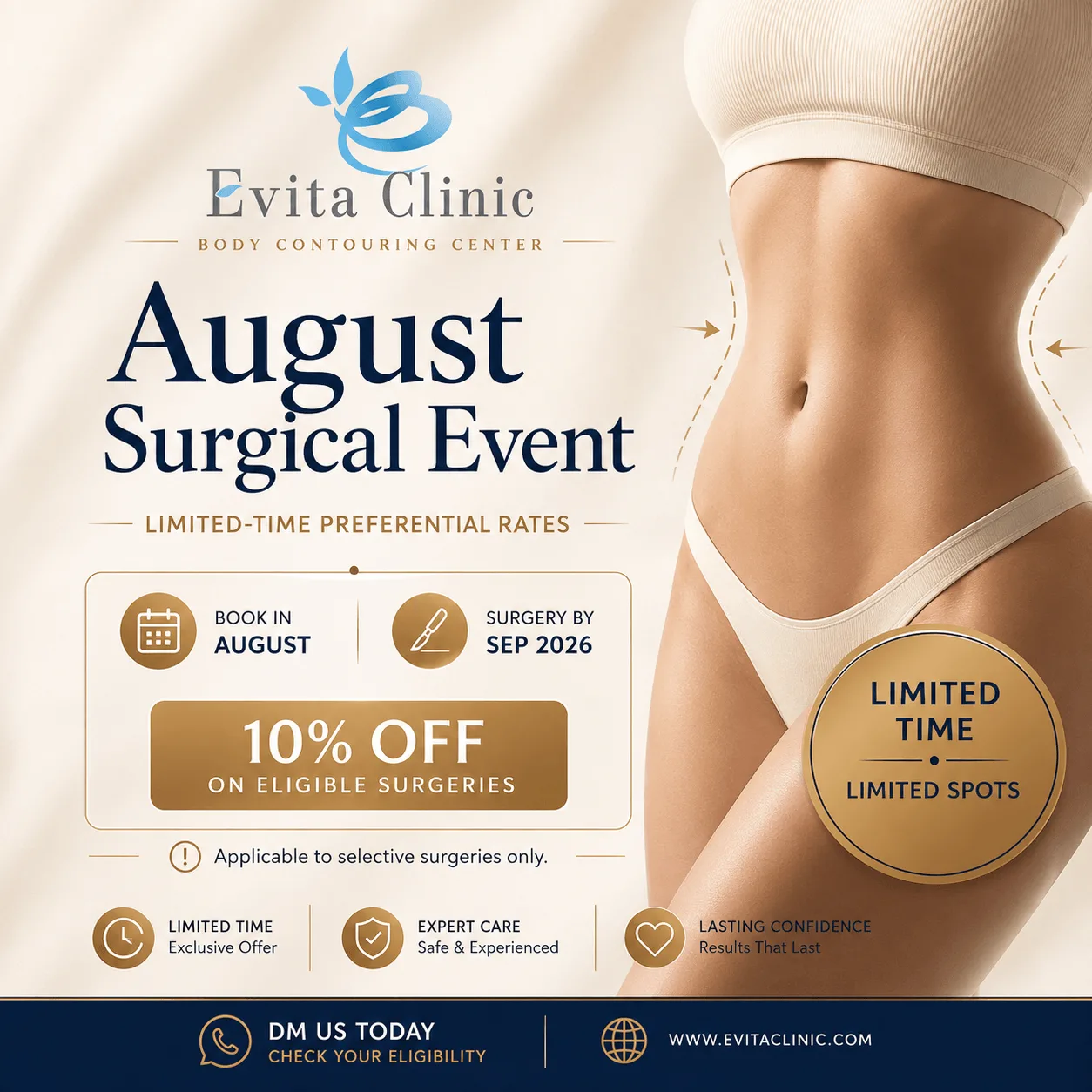 August 2026 booking event for gynecomastia surgery and liposuction at Evita Clinic in Seoul