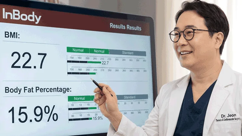 dr-jeon-explaining-inbody-results-evita-clinic Dr. Francis Jeon, Thoracic and Cardiovascular Surgeon at Evita Clinic, explaining InBody body composition results on screen