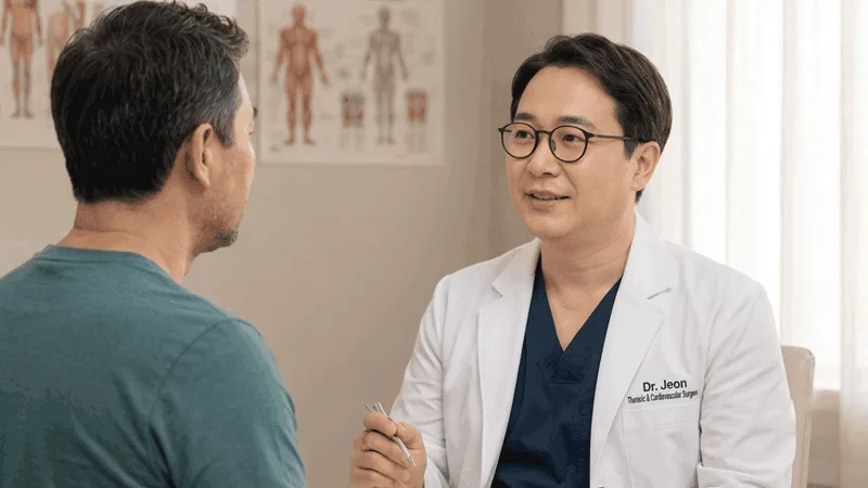 dr-jeon-patient-consultation-liposuction-evita-clinic Dr. Francis Jeon consulting with a patient about liposuction and body contouring options at Evita Clinic Seoul