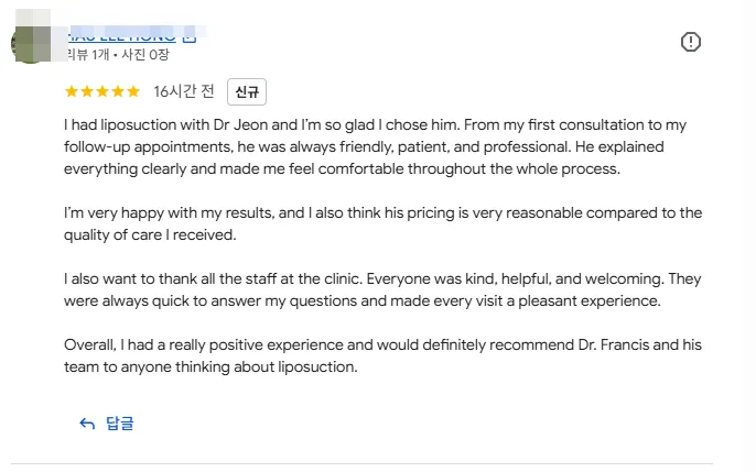 5-star Google review from an international liposuction patient at Evita Clinic in Korea, praising Dr. Francis Jeon's clear explanations, reasonable pricing, and kind staff