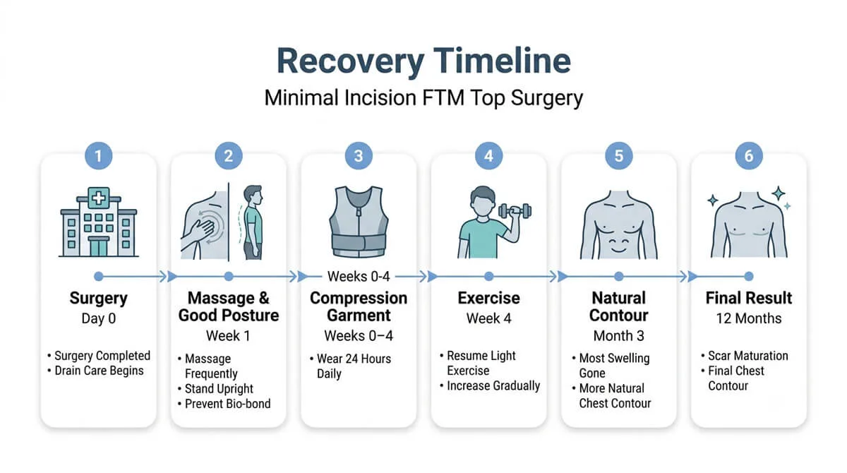 Recovery timeline for minimal incision FTM top surgery including surgery, massage, good posture, compression garment, exercise, natural chest contour, and final healing.