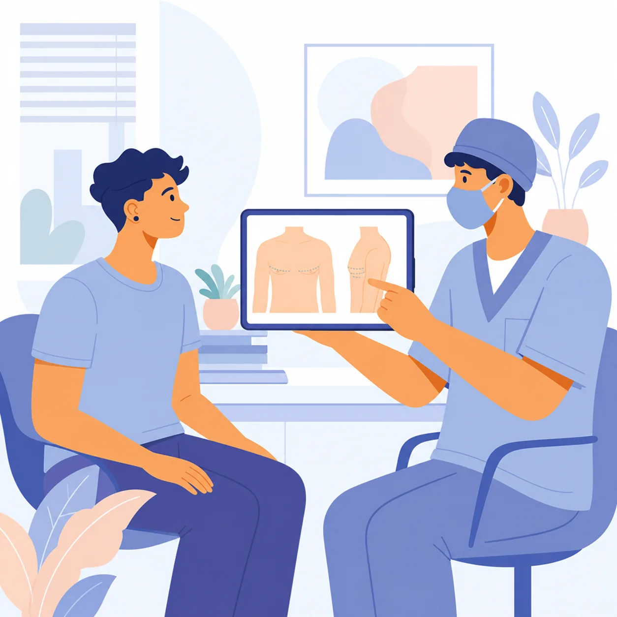 ftm-top-surgery-consultation-evita-clinic Illustration of an FTM top surgery consultation and chest masculinization planning with a surgeon