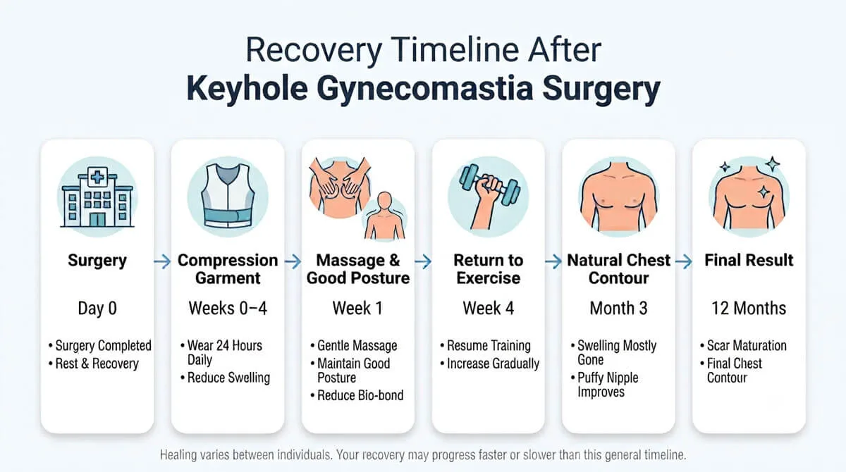 Recovery timeline after keyhole gynecomastia surgery showing surgery, compression garment use, massage and good posture, return to exercise, natural chest contour, and final scar maturation.