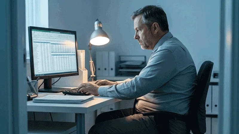sedentary-office-work-lower-abdominal-fat-risk Man sitting for long hours at an office desk, a sedentary lifestyle factor linked to lower abdominal fat