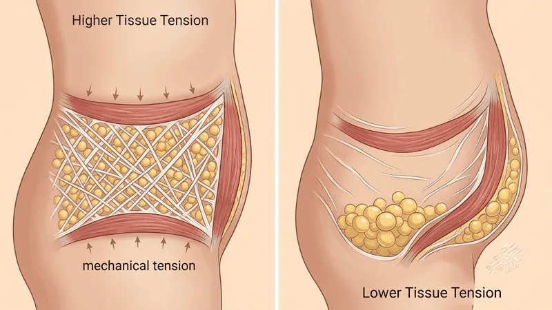 storage-environment-theory-tissue-tension-diagram Diagram comparing higher and lower tissue tension in the lower abdomen, illustrating why fat is retained in low-movement areas