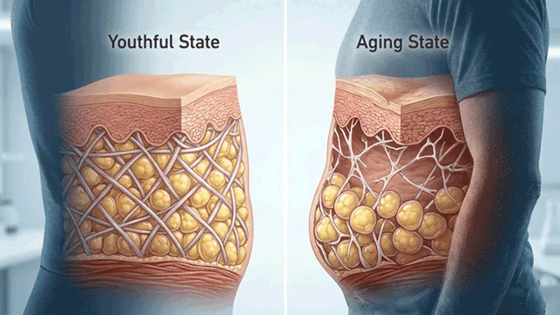 youthful-vs-aging-abdominal-skin-fat-cross-section Cross-section illustration comparing youthful and aging abdominal skin, connective tissue, and fat cells