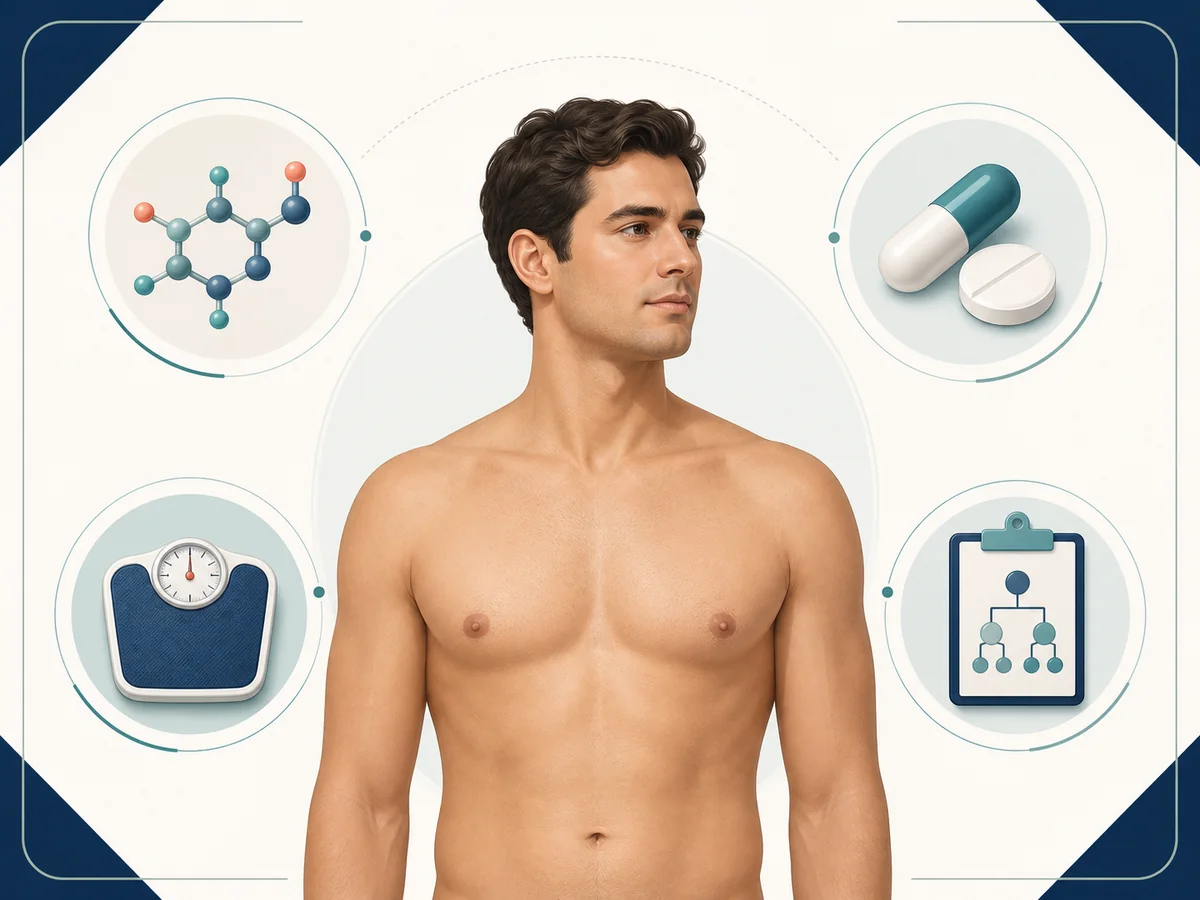 Medical illustration of gynecomastia causes including hormones, medication, body weight and medical history