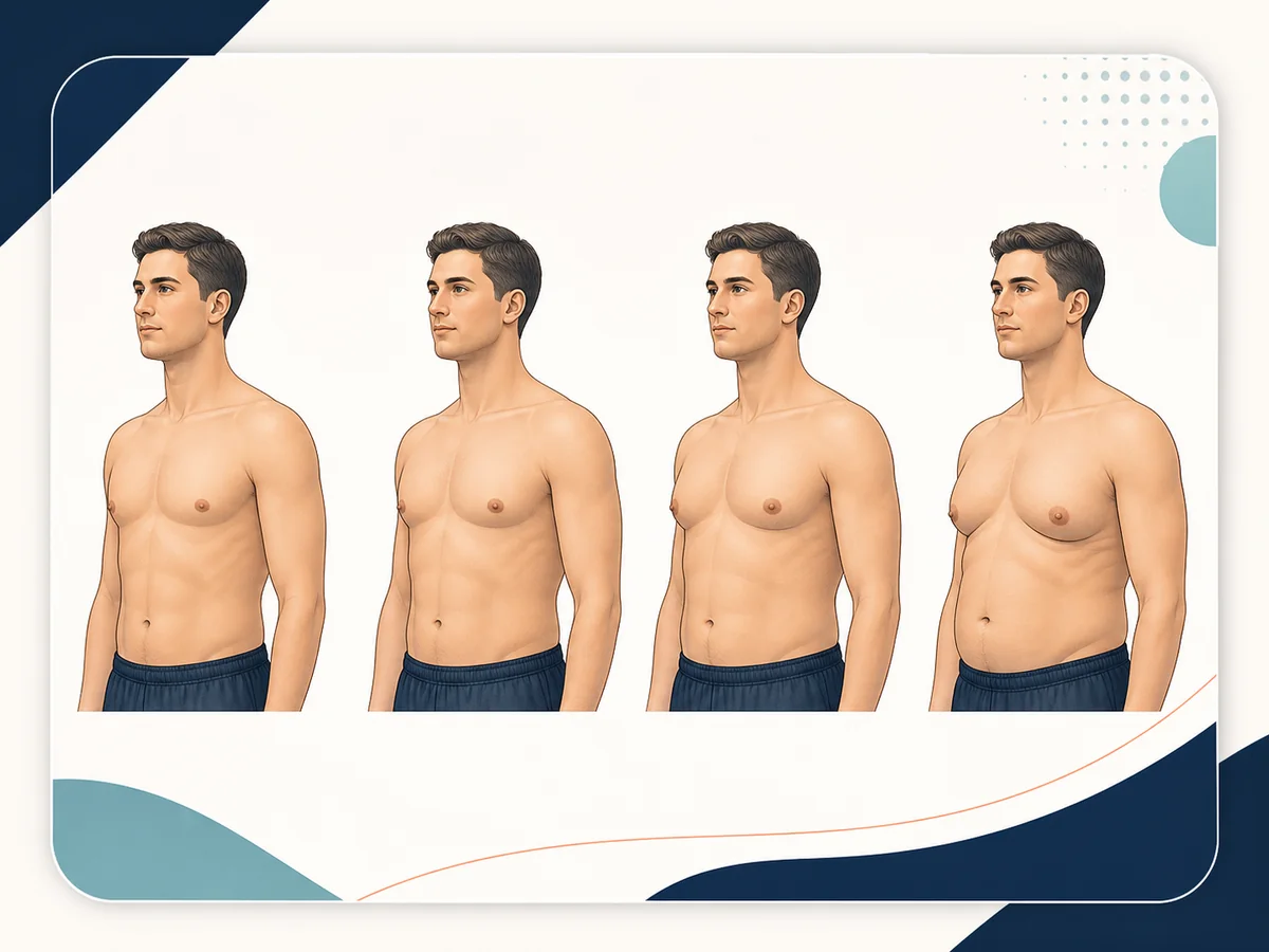 Four male chest illustrations showing a spectrum of gynecomastia grades