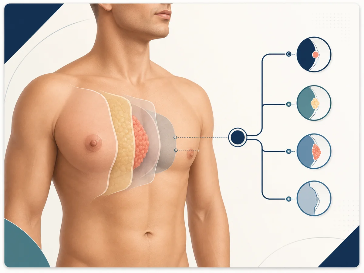 Medical illustration of gynecomastia surgical planning based on gland, fat, skin and chest contour