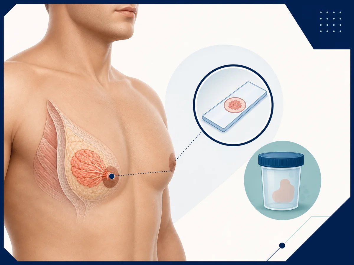 Medical illustration of gynecomastia gland excision and postoperative pathology examination