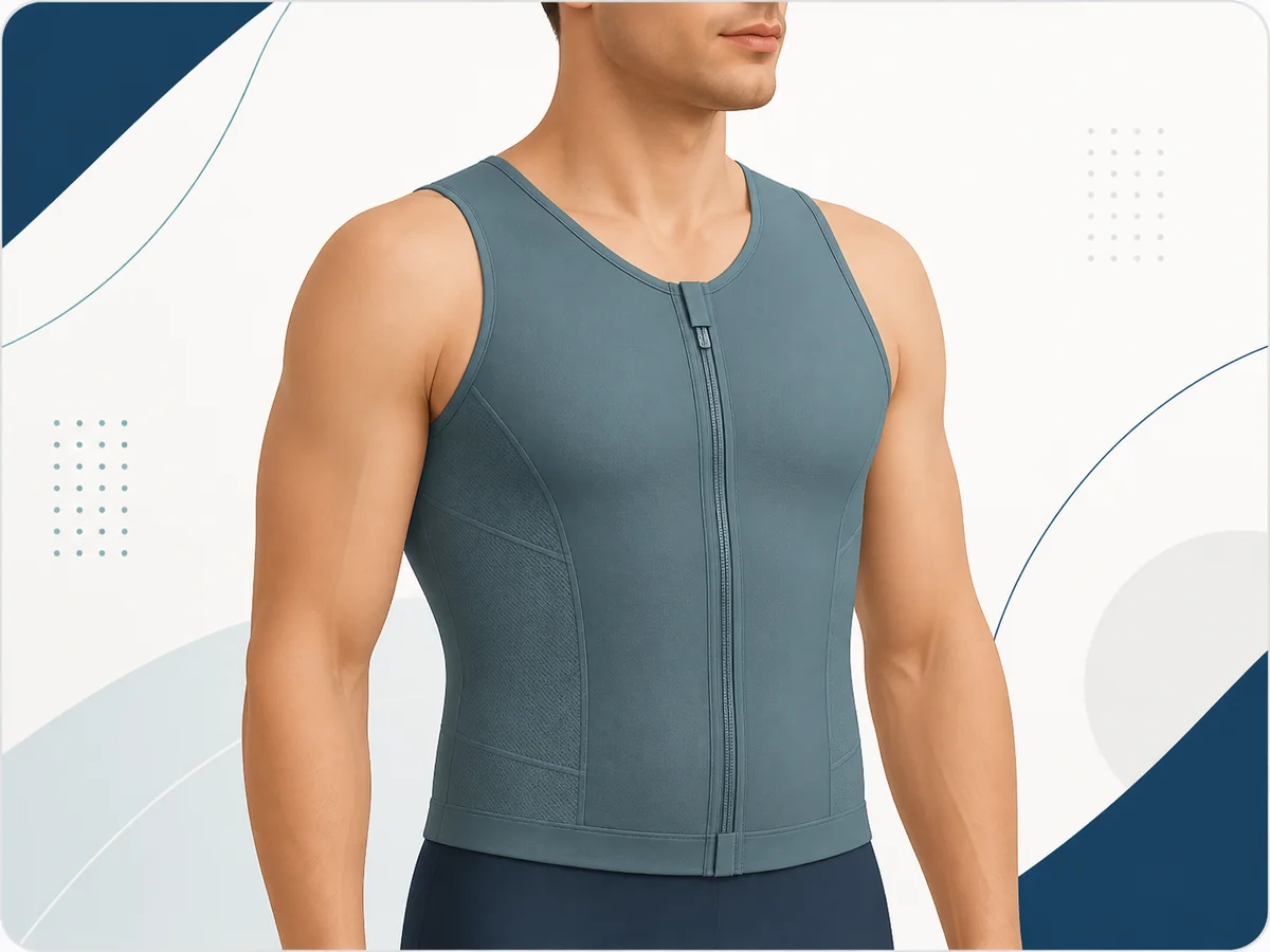 Male torso wearing a properly fitted front-zip compression garment after chest surgery