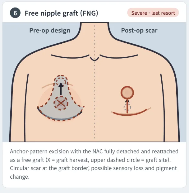 Free nipple graft gynecomastia surgery technique showing anchor pattern skin removal and nipple graft placement