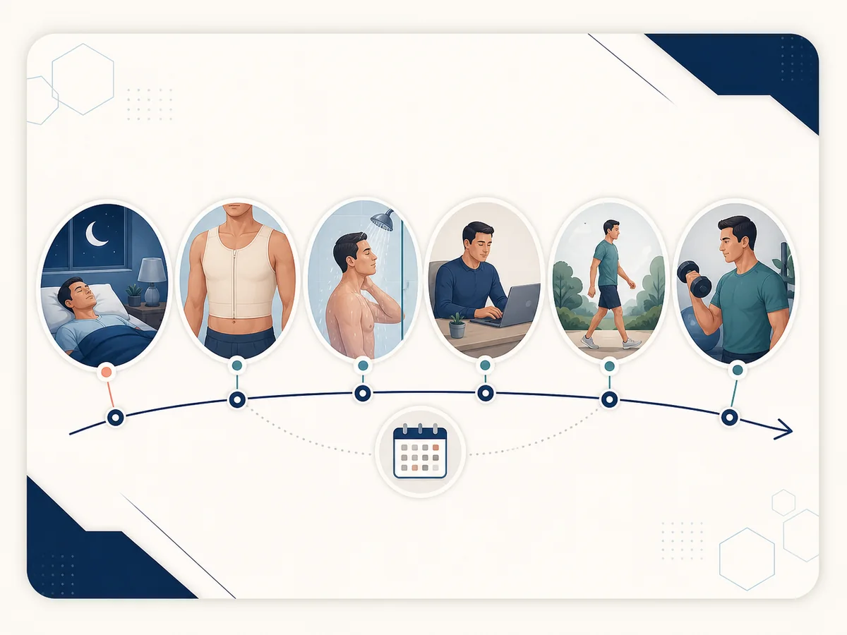Illustrated gynecomastia recovery timeline from rest and compression to showering, walking, work and exercise