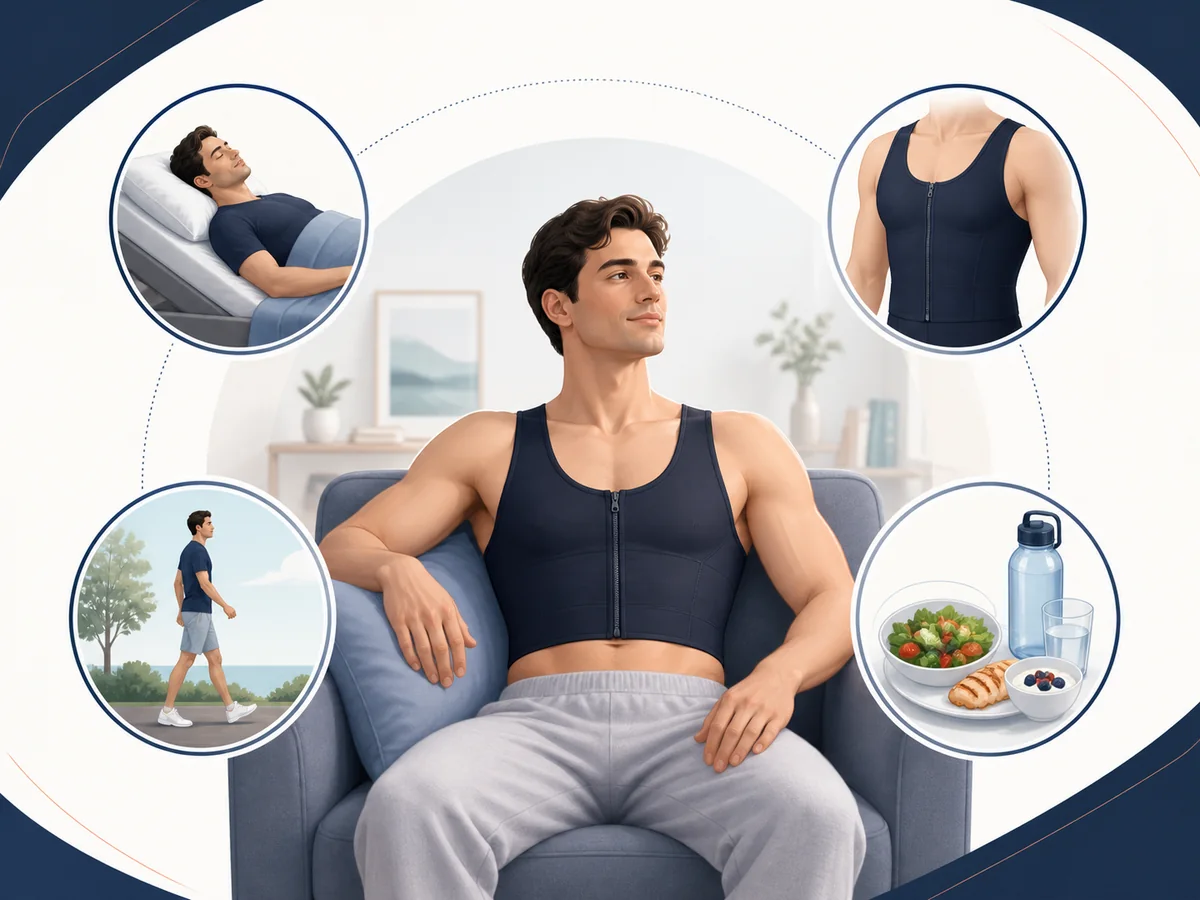 Illustrated daily routine after gynecomastia surgery including elevated rest, compression, walking and nutrition