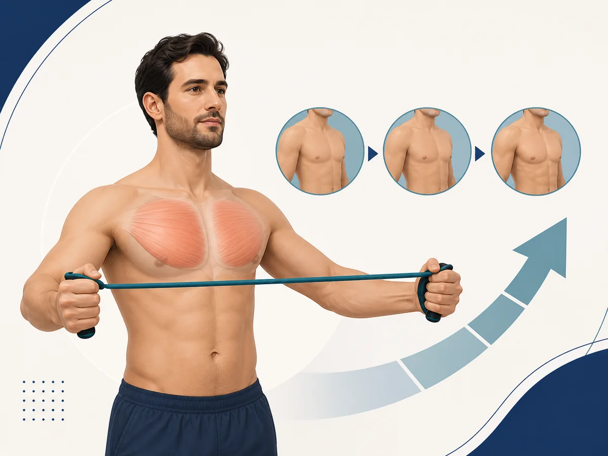 Illustrated gradual return to chest exercise with resistance band and pectoralis major focus after gynecomastia surgery
