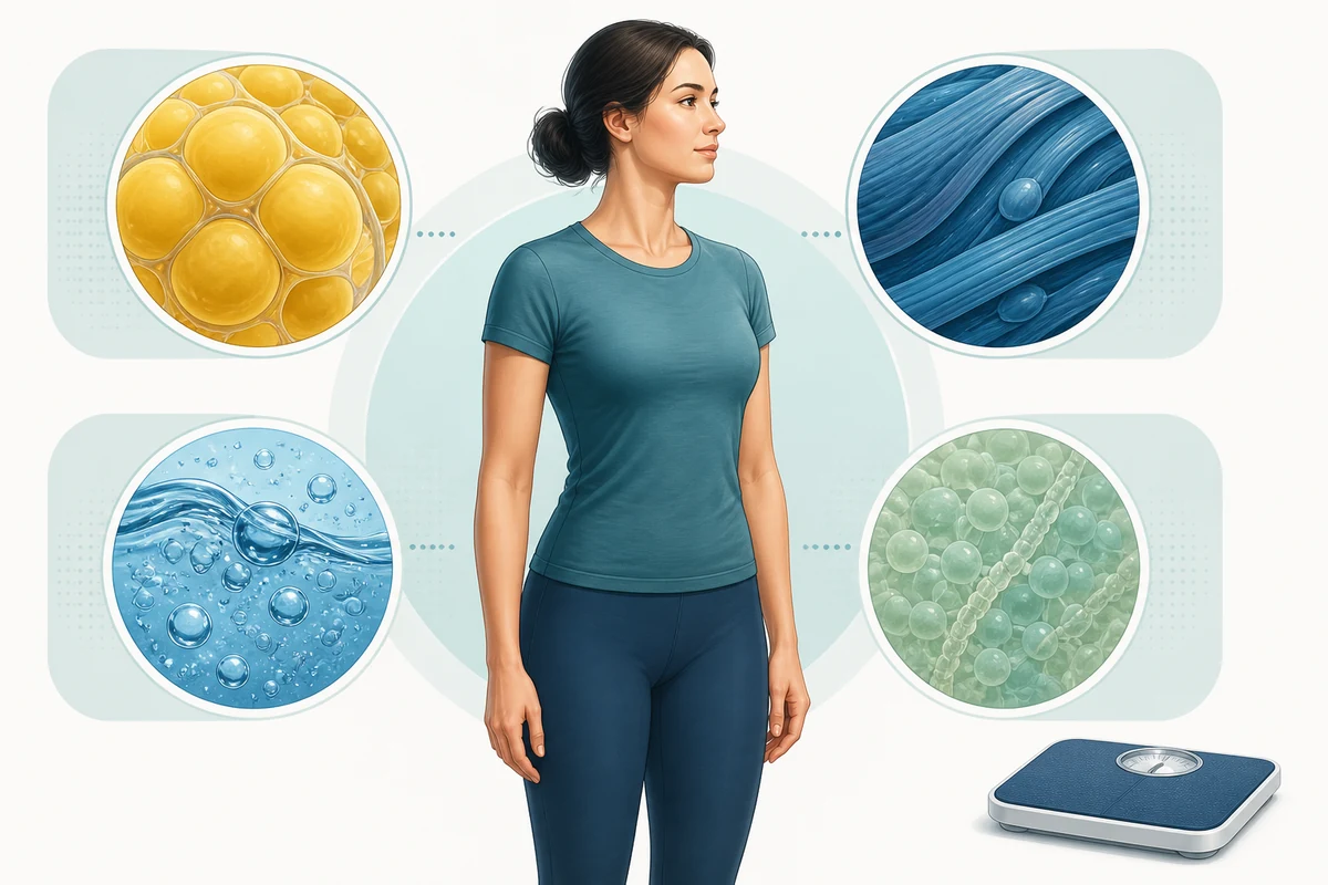 Medical illustration showing that body-weight change can include fat, lean tissue, water and stored energy