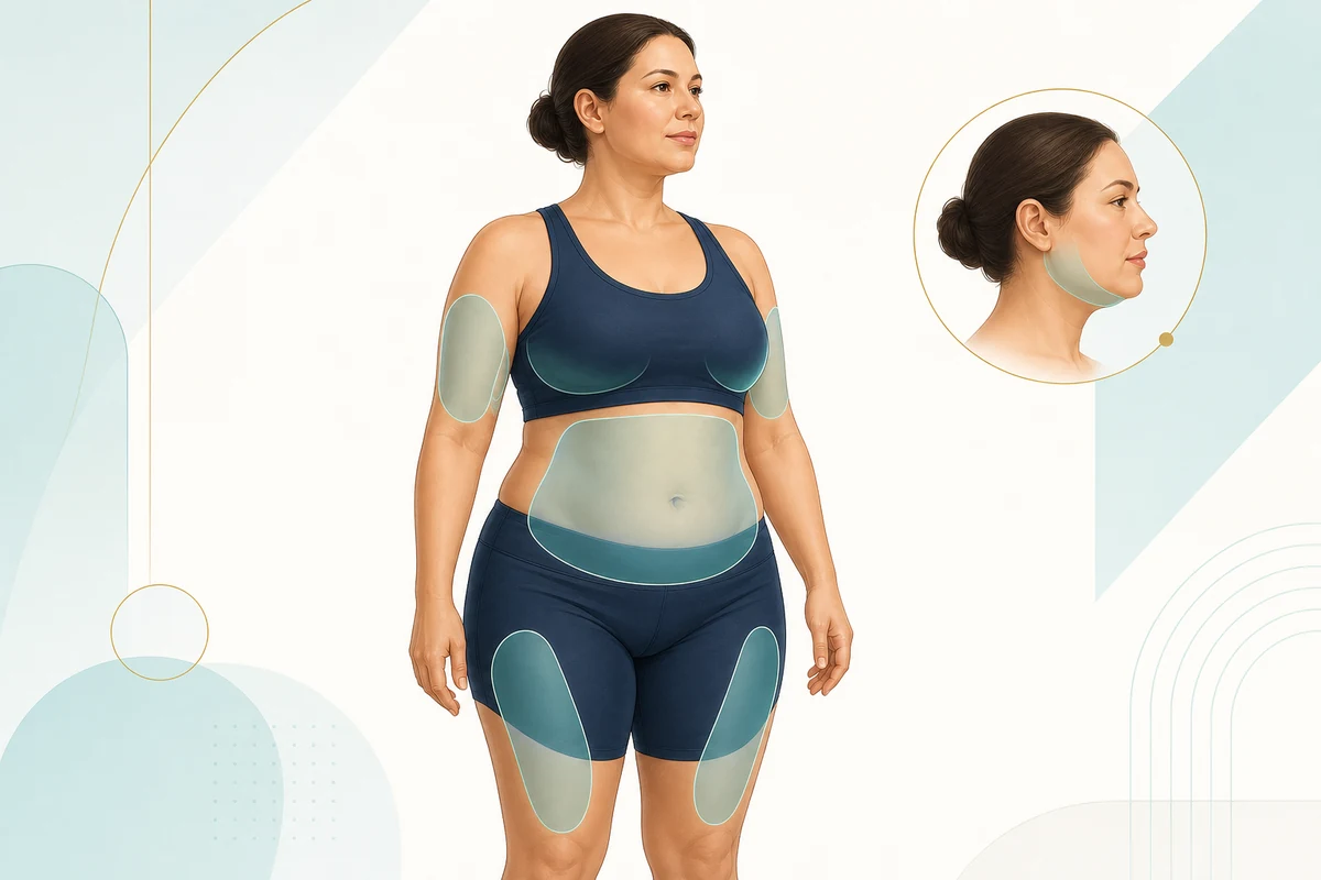 Illustration of common loose-skin areas after major weight loss including the face, chest, abdomen, arms and thighs
